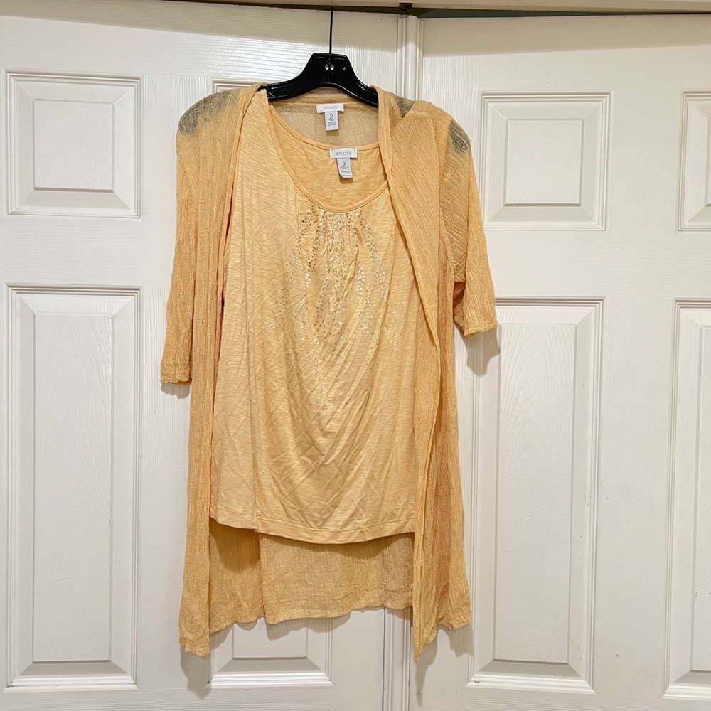Chico’s Women’s Two Piece Set Tank Cardigan Size‎ 2  Regular Size Large Yellow